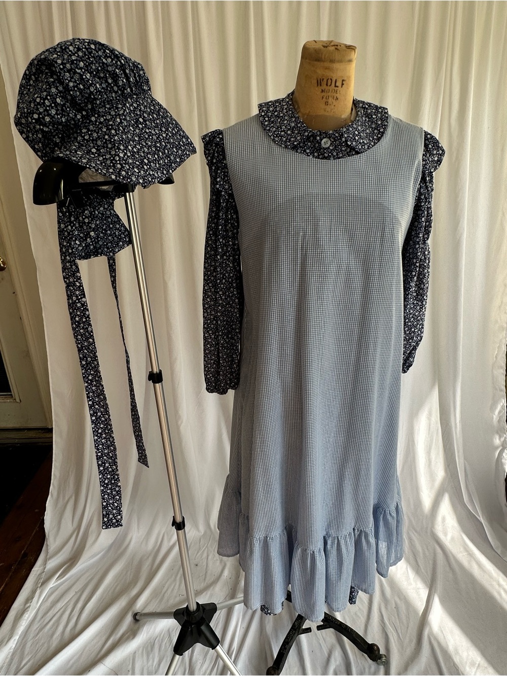Child’s Pioneer Dress Pinafore and Sun Bonnet Set, Little House on the Prairie